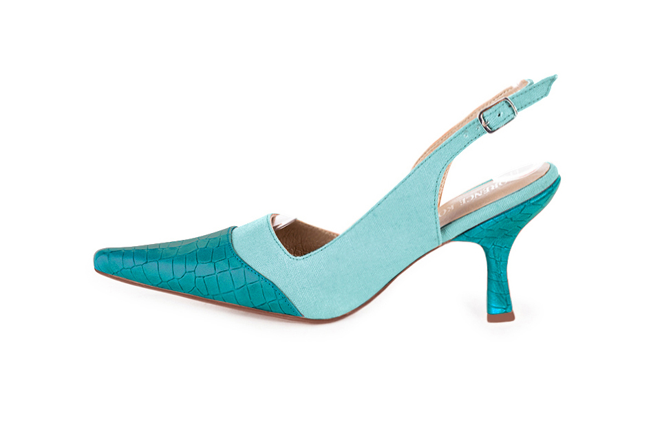 French elegance and refinement for these turquoise blue dress slingback shoes, 
                available in many subtle leather and colour combinations. For fans of a quirky "Rock" style pointed toe.
To be personalized or not with your materials and colors.  
                Matching clutches for parties, ceremonies and weddings.   
                You can customize these shoes to perfectly match your tastes or needs, and have a unique model.  
                Choice of leathers, colours, knots and heels. 
                Wide range of materials and shades carefully chosen.  
                Rich collection of flat, low, mid and high heels.  
                Small and large shoe sizes - Florence KOOIJMAN